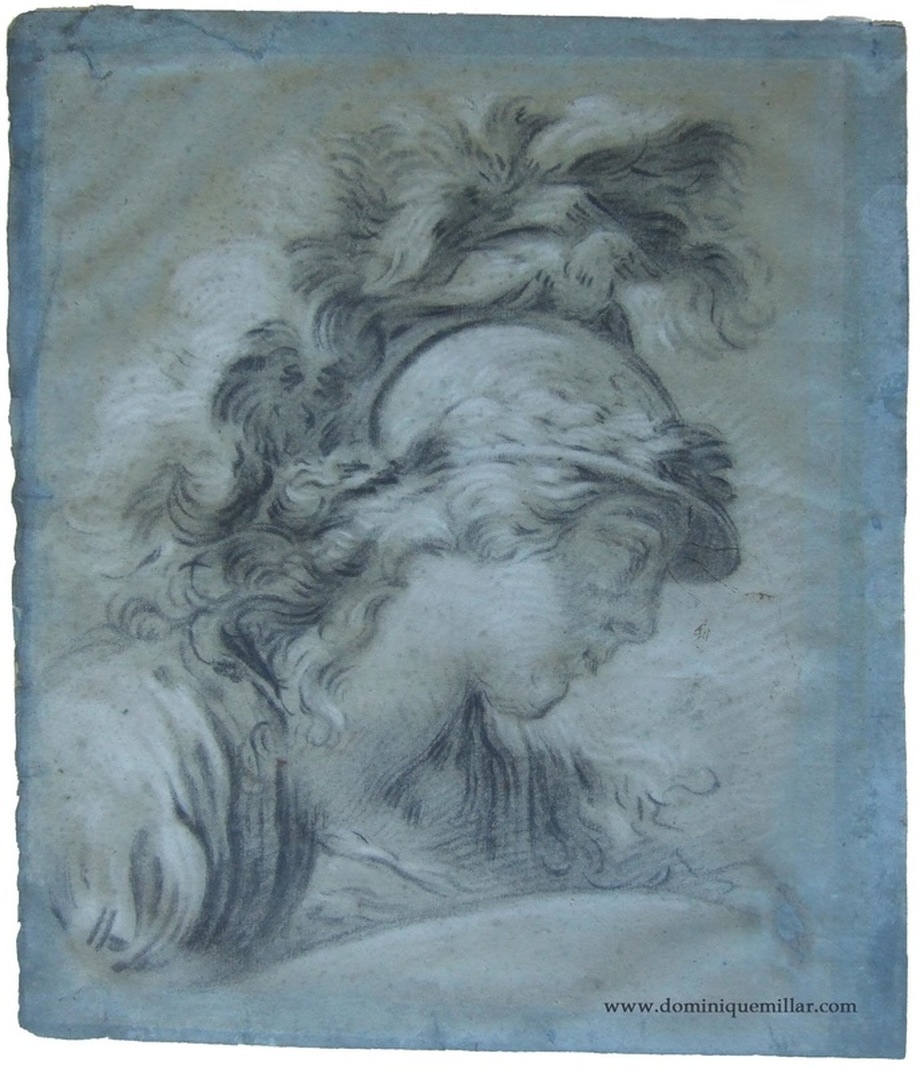 Dominique Millar's Collection, Artist: Francois Boucher, Head of Minerva, tete de minerve, Louis-Marin Bonnet, black chalk on blue paper
