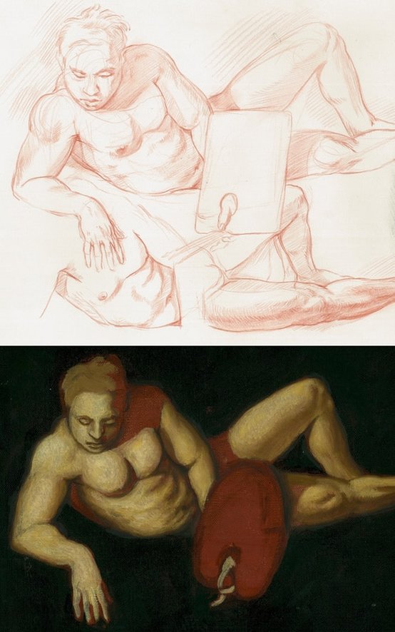 Dominique Millar, Alberti's Narcissus, Inventor of Painting, Oil on canvas, Red chalk on paper